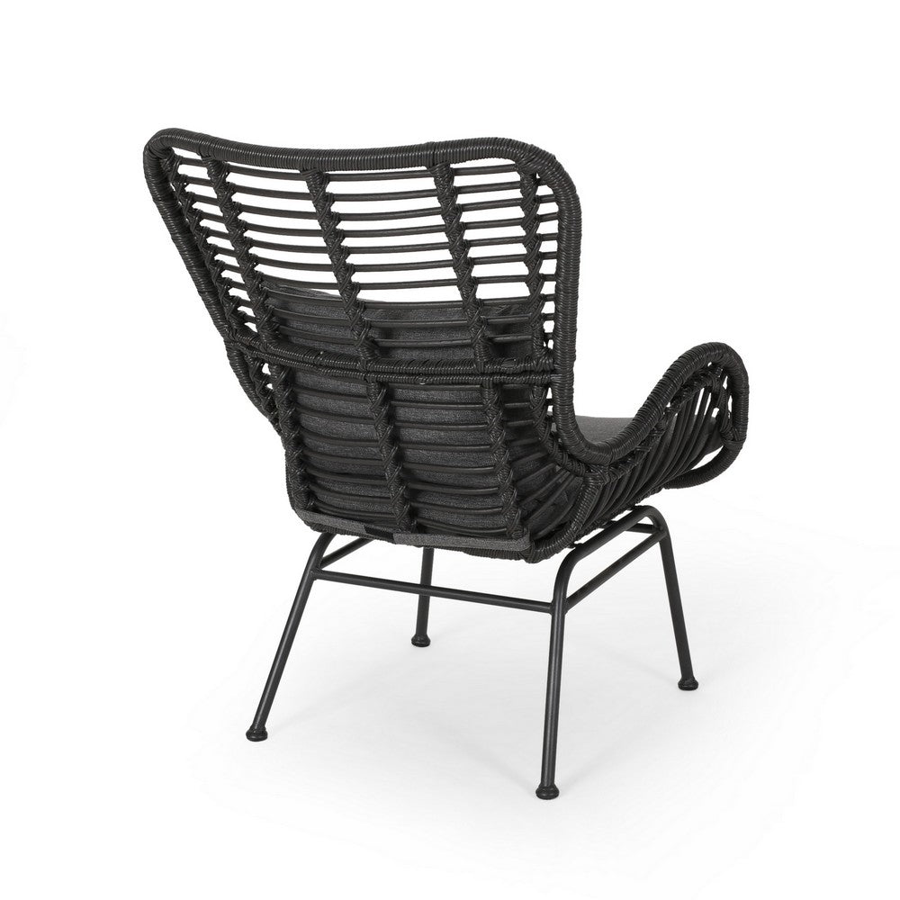 Benjara Slay Outdoor Accent Chair Set of 2, 25 Inch, Gray Woven Rattan, Iron Legs