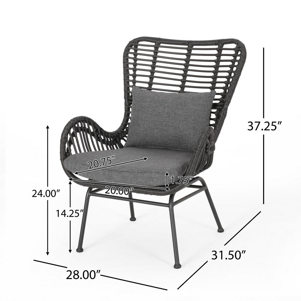 Benjara Slay Outdoor Accent Chair Set of 2, 25 Inch, Gray Woven Rattan, Iron Legs