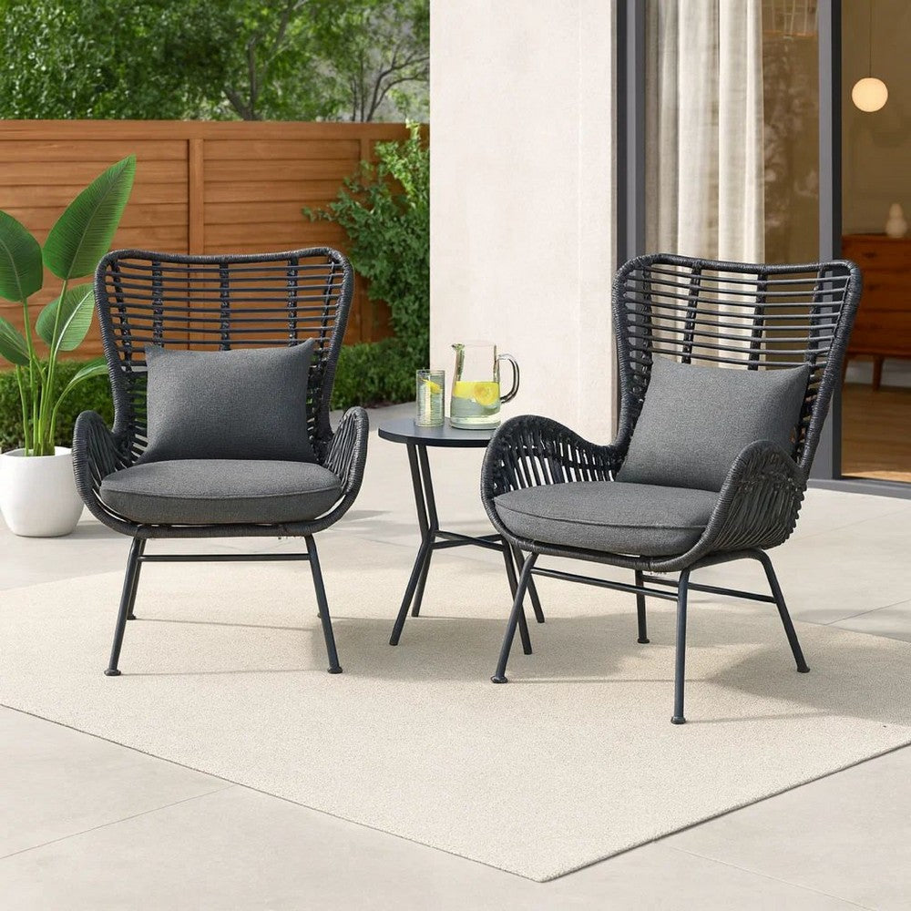 Benjara Slay Outdoor Accent Chair Set of 2, 25 Inch, Gray Woven Rattan, Iron Legs