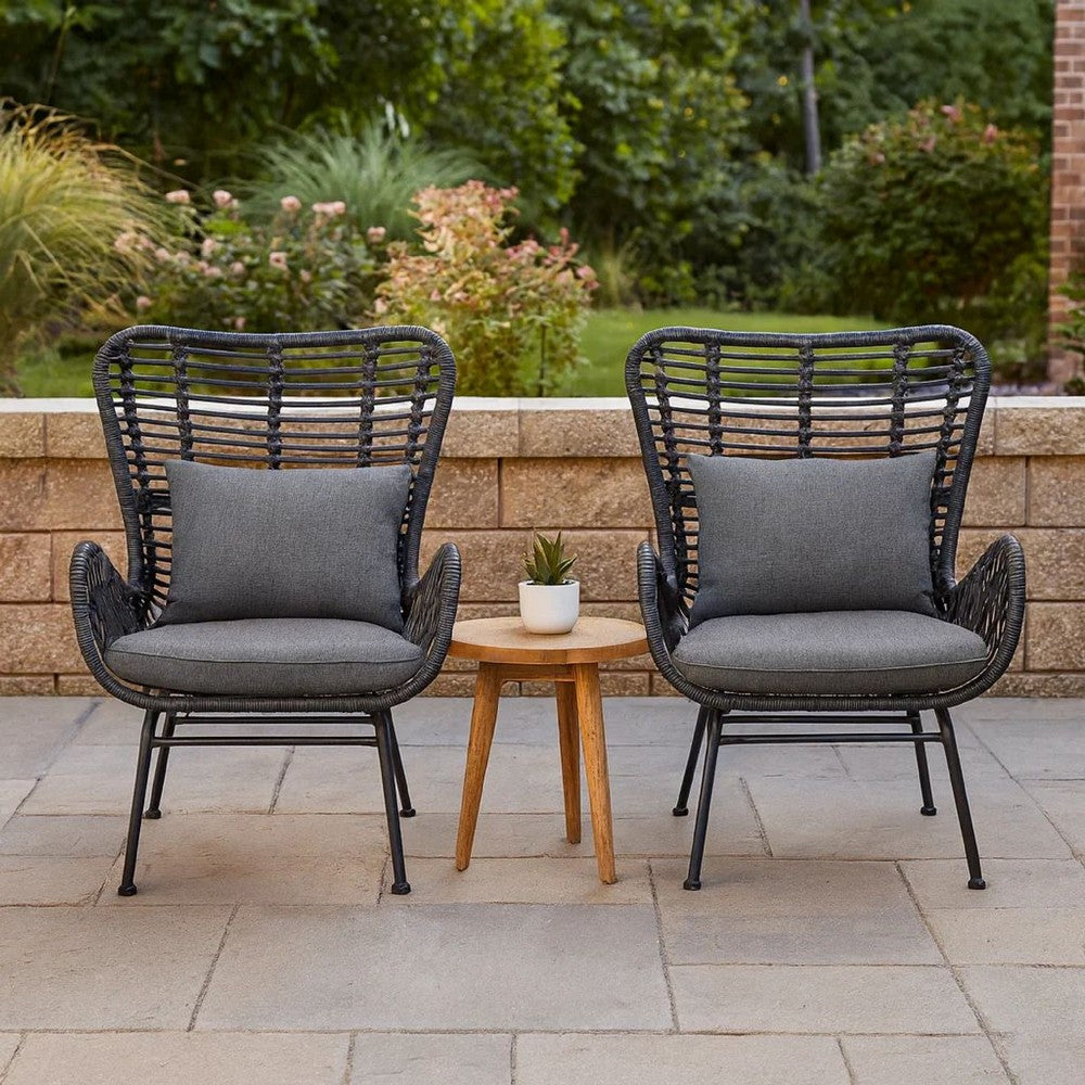 Benjara Slay Outdoor Accent Chair Set of 2, 25 Inch, Gray Woven Rattan, Iron Legs