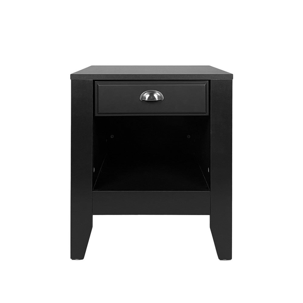 Benjara Crown Bedside Nightstand, 21 Inch, 1 Drawer And Open Shelf, Black MDF