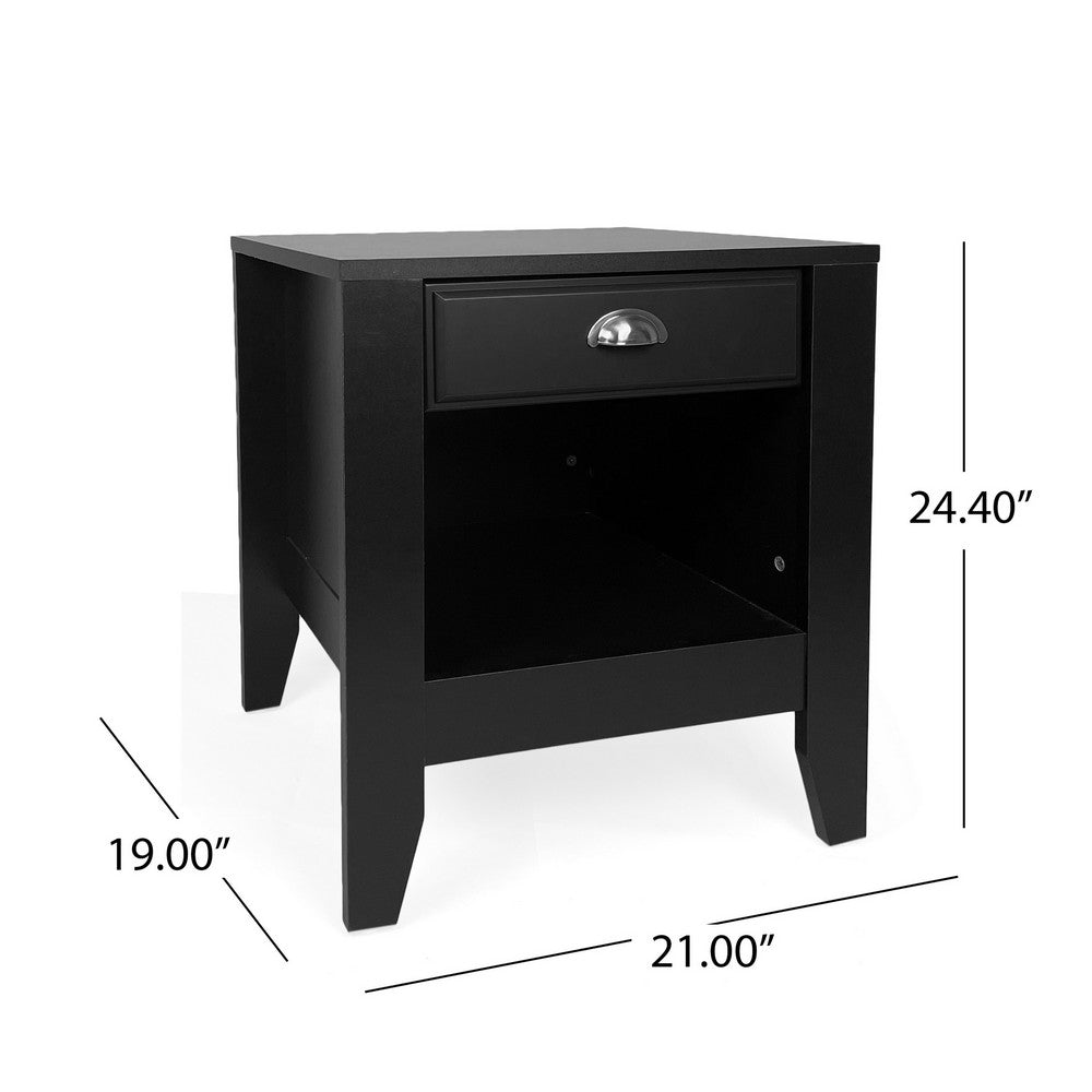 Benjara Crown Bedside Nightstand, 21 Inch, 1 Drawer And Open Shelf, Black MDF