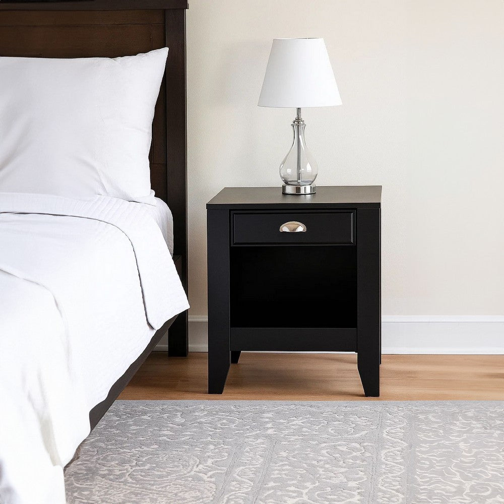 Benjara Crown Bedside Nightstand, 21 Inch, 1 Drawer And Open Shelf, Black MDF
