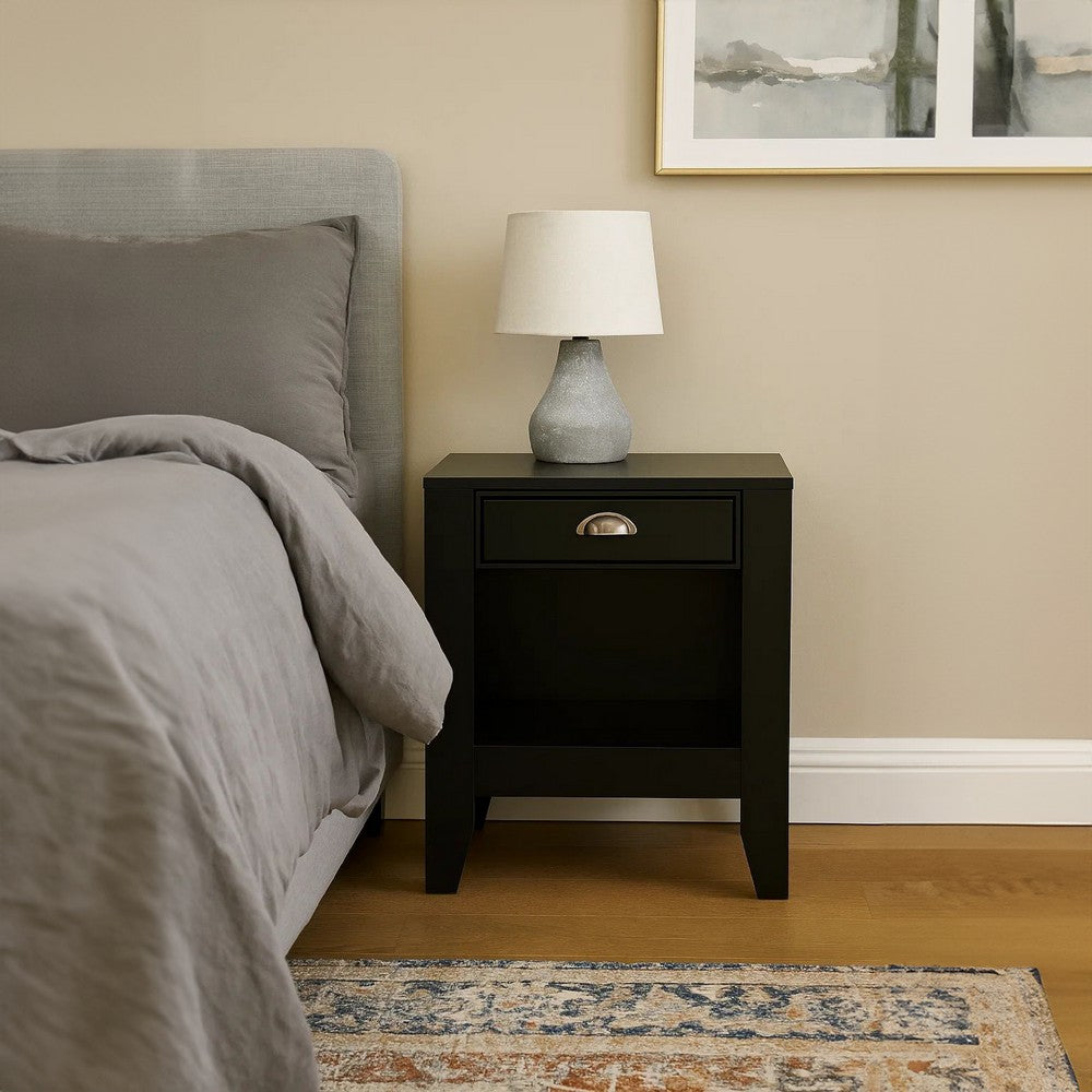 Benjara Crown Bedside Nightstand, 21 Inch, 1 Drawer And Open Shelf, Black MDF