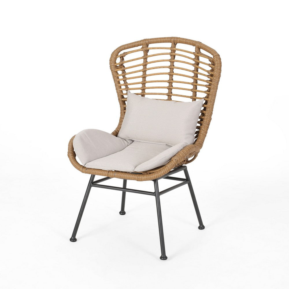 Benjara Slay Outdoor Accent Chair Set of 2, 25 Inch, Brown Woven Rattan, Iron