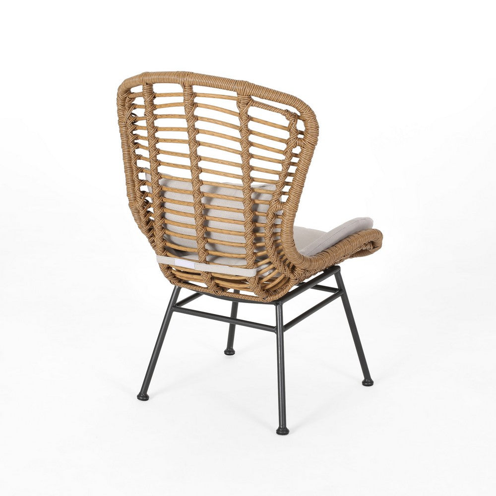 Benjara Slay Outdoor Accent Chair Set of 2, 25 Inch, Brown Woven Rattan, Iron