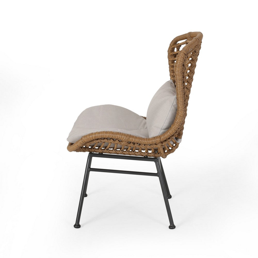 Benjara Slay Outdoor Accent Chair Set of 2, 25 Inch, Brown Woven Rattan, Iron