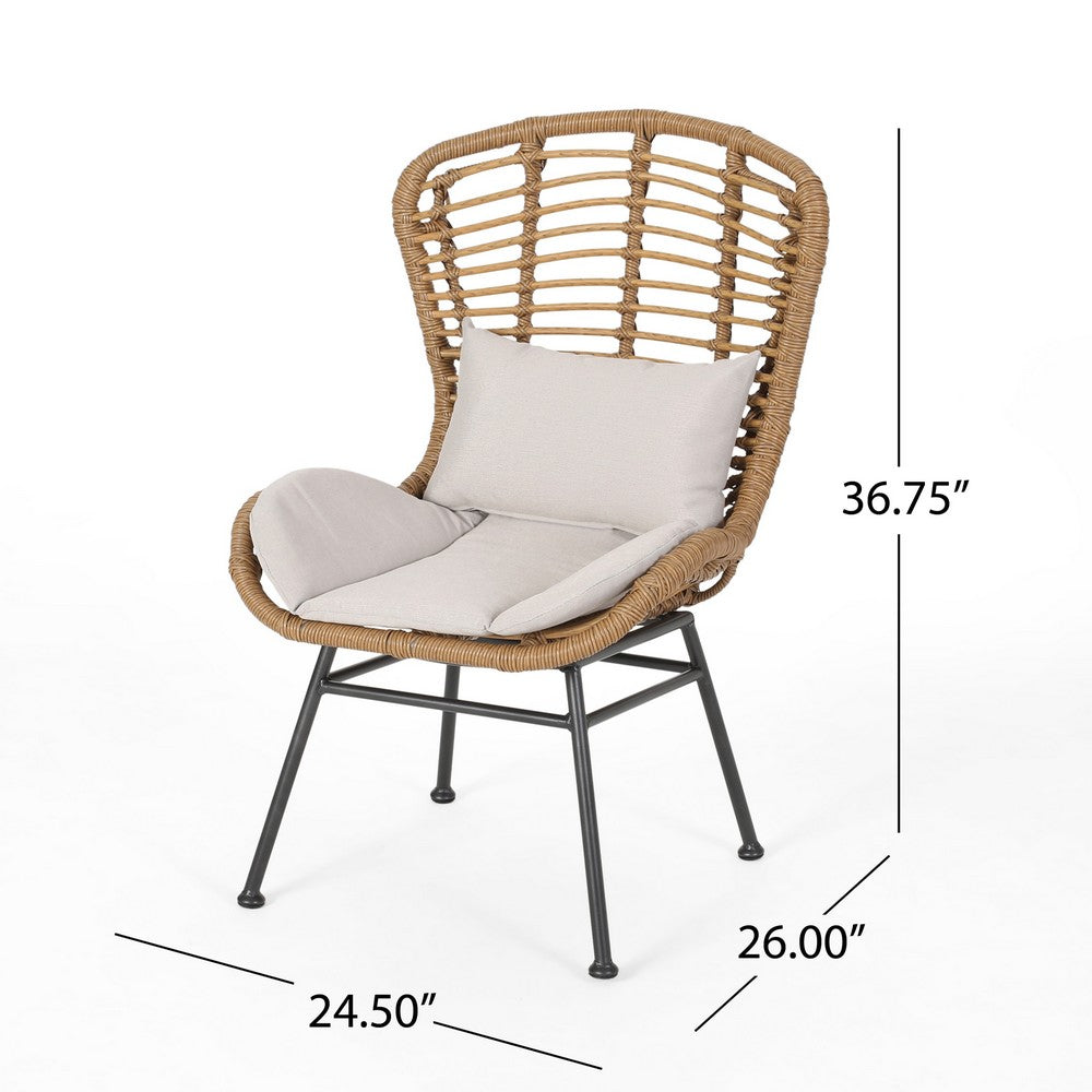 Benjara Slay Outdoor Accent Chair Set of 2, 25 Inch, Brown Woven Rattan, Iron