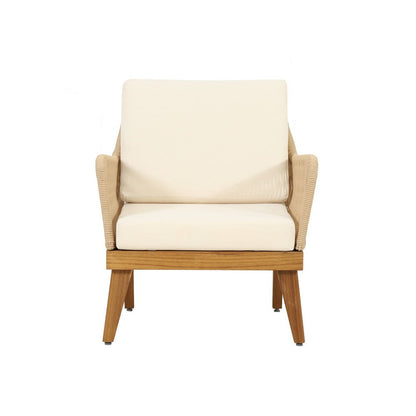 Benjara Oud Accent Club Chair, Ivory Cushions, Rope Weaving, Brown Acacia Wood