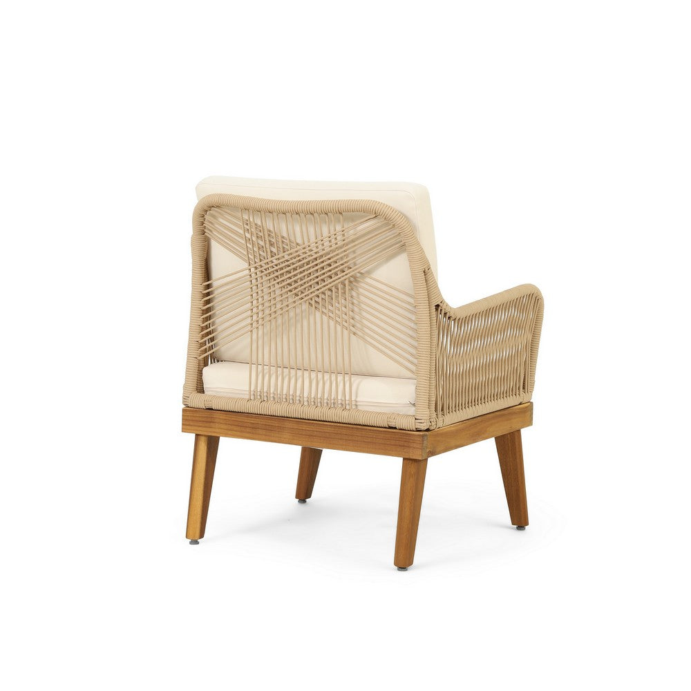 Benjara Oud Accent Club Chair, Ivory Cushions, Rope Weaving, Brown Acacia Wood
