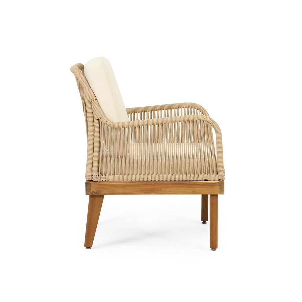 Benjara Oud Accent Club Chair, Ivory Cushions, Rope Weaving, Brown Acacia Wood