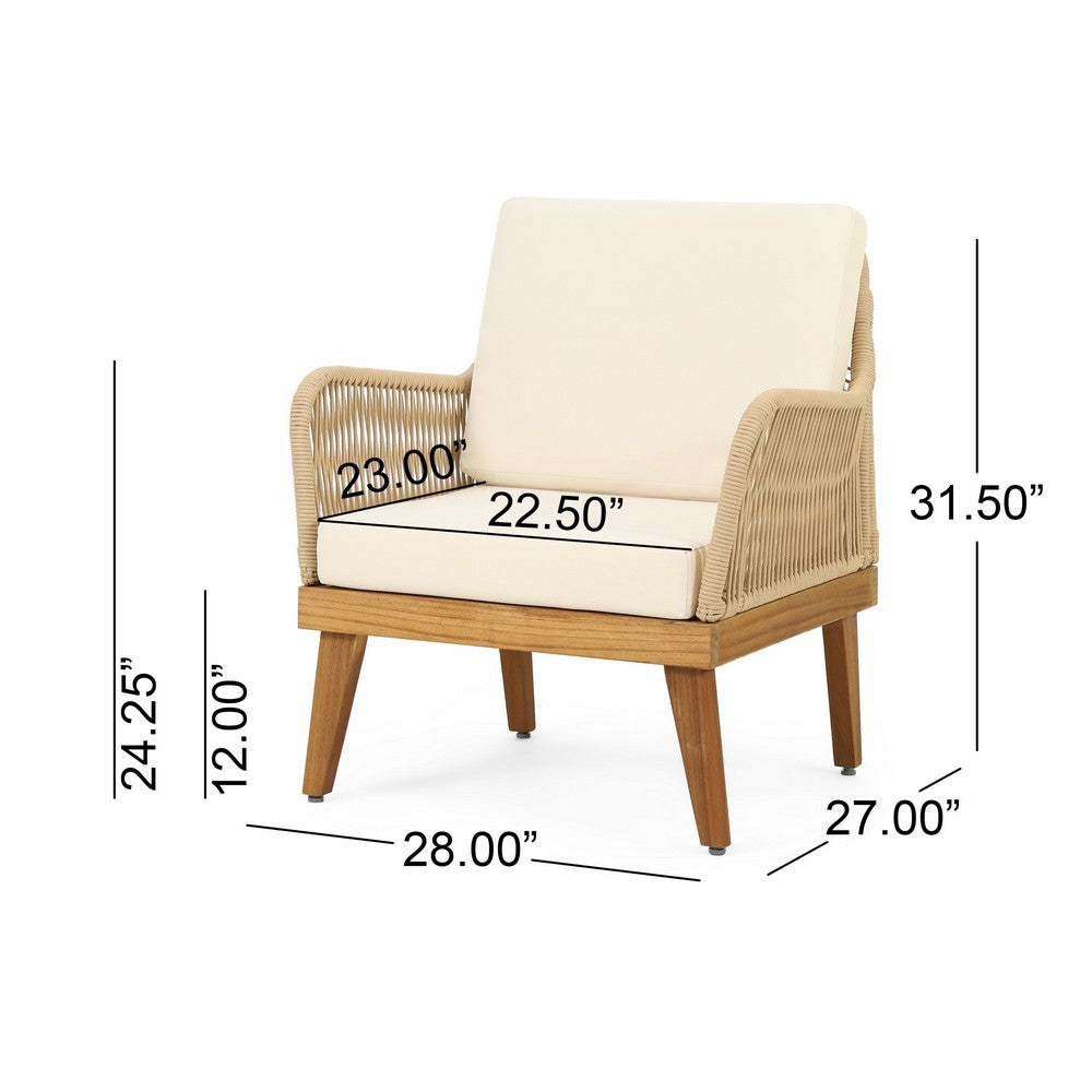 Benjara Oud Accent Club Chair, Ivory Cushions, Rope Weaving, Brown Acacia Wood