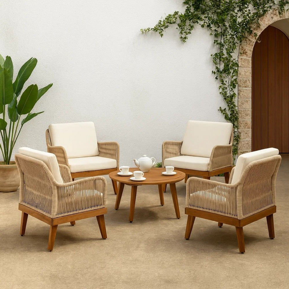 Benjara Oud Accent Club Chair, Ivory Cushions, Rope Weaving, Brown Acacia Wood
