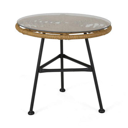 Benjara Tee Outdoor Side End Table, 20 Inch Rattan Weave, Glass Top, Steel