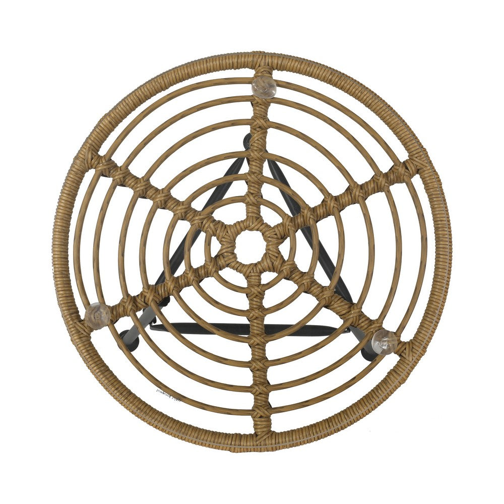 Benjara Tee Outdoor Side End Table, 20 Inch Rattan Weave, Glass Top, Steel