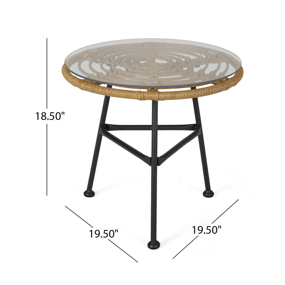 Benjara Tee Outdoor Side End Table, 20 Inch Rattan Weave, Glass Top, Steel