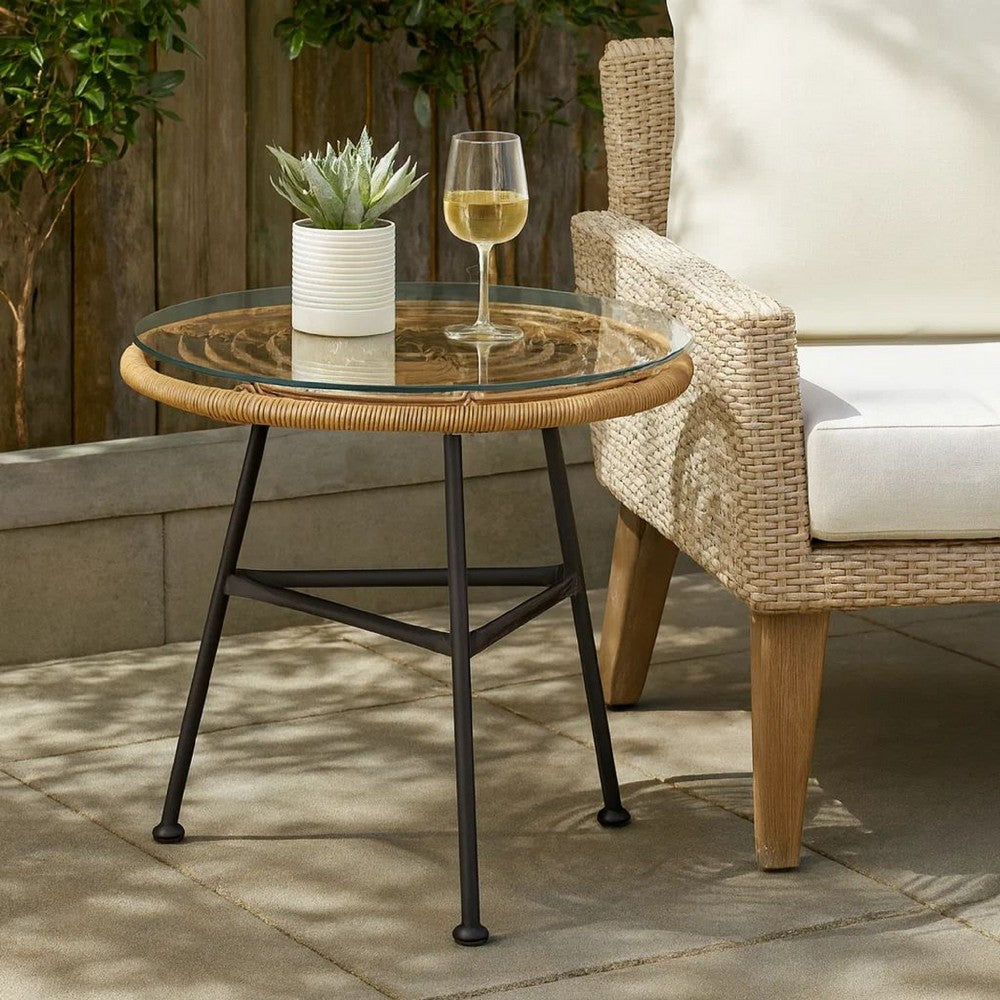 Benjara Tee Outdoor Side End Table, 20 Inch Rattan Weave, Glass Top, Steel