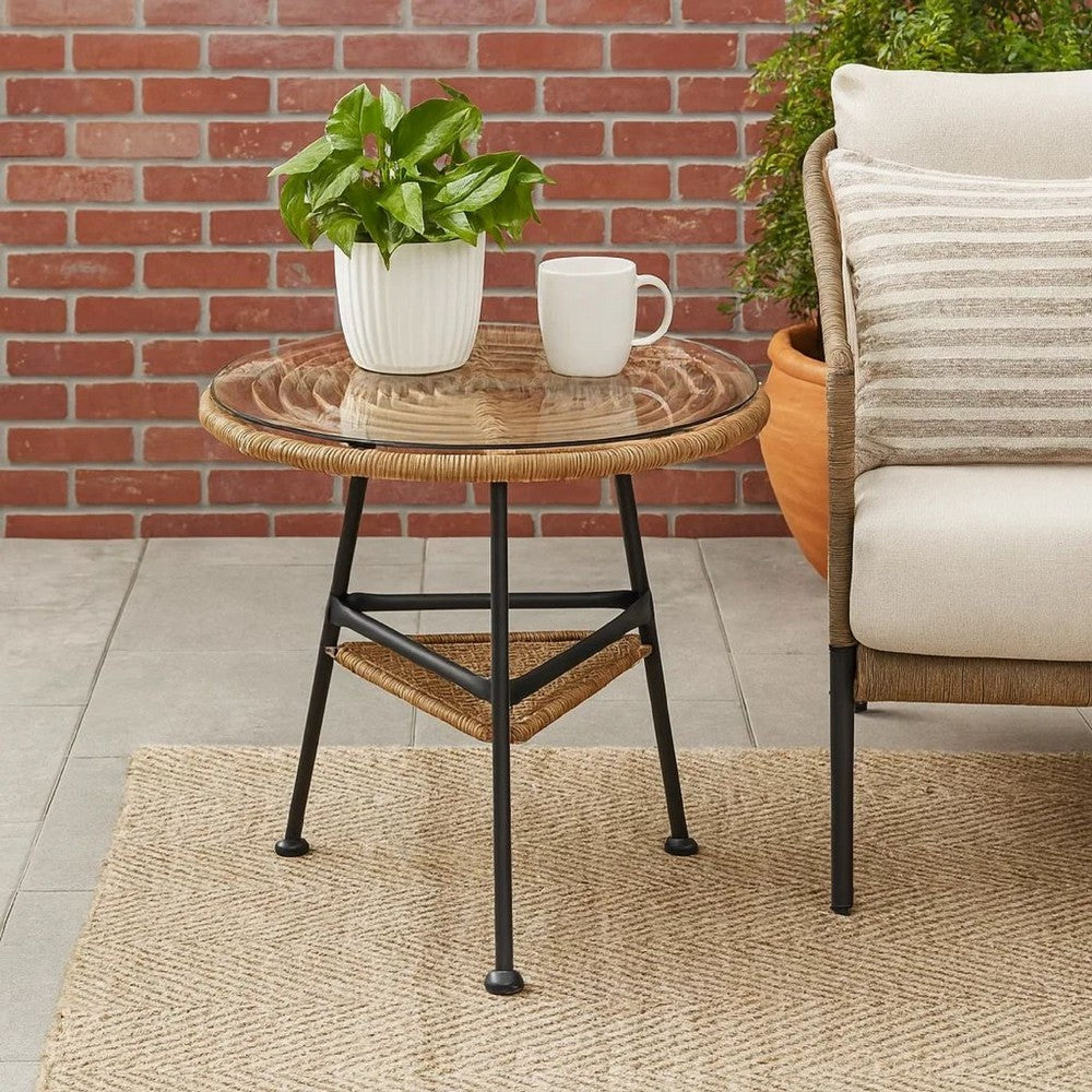 Benjara Tee Outdoor Side End Table, 20 Inch Rattan Weave, Glass Top, Steel