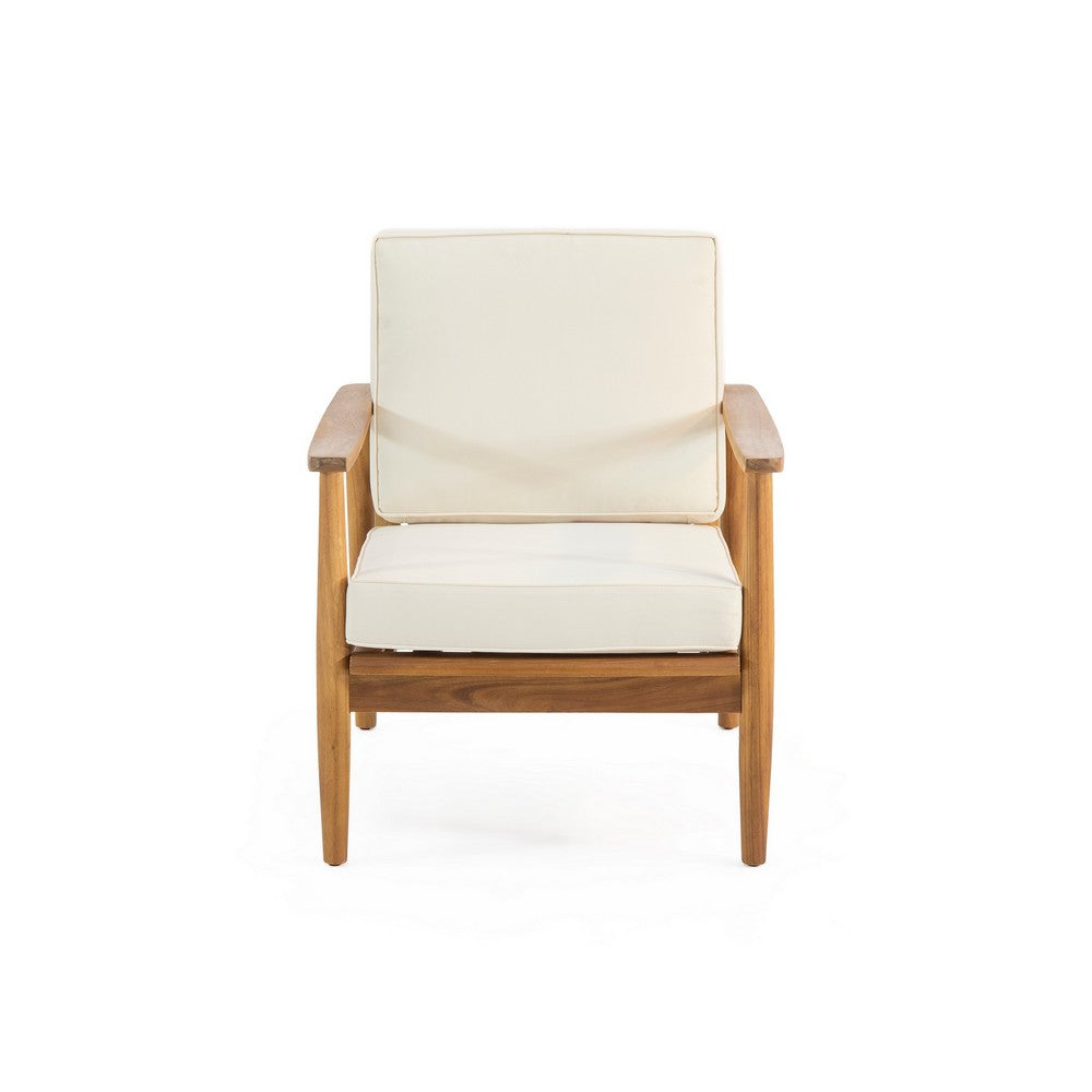 Benjara Accent Club Chair, Ivory Fabric Cushions, Brown Acacia Wood Frame