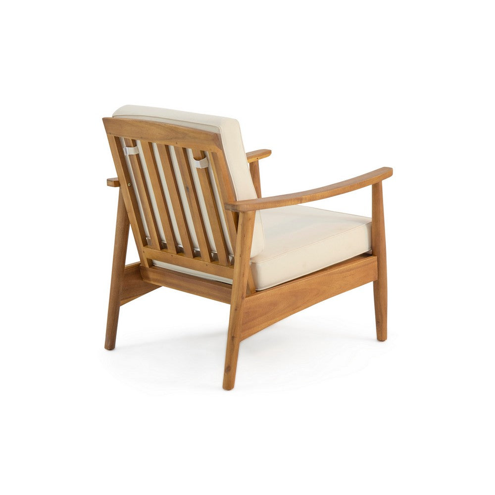 Benjara Accent Club Chair, Ivory Fabric Cushions, Brown Acacia Wood Frame