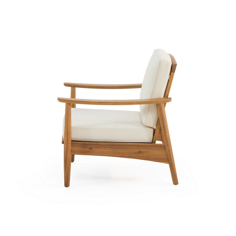 Benjara Accent Club Chair, Ivory Fabric Cushions, Brown Acacia Wood Frame