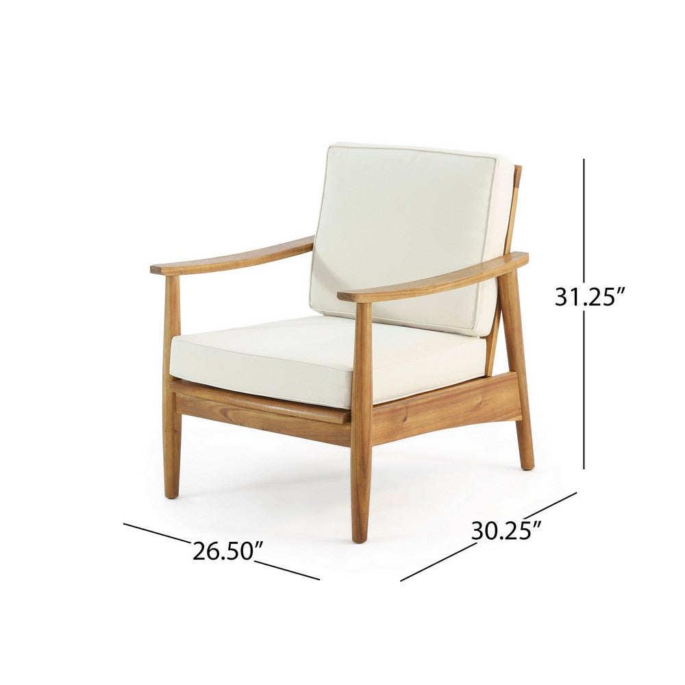 Benjara Accent Club Chair, Ivory Fabric Cushions, Brown Acacia Wood Frame