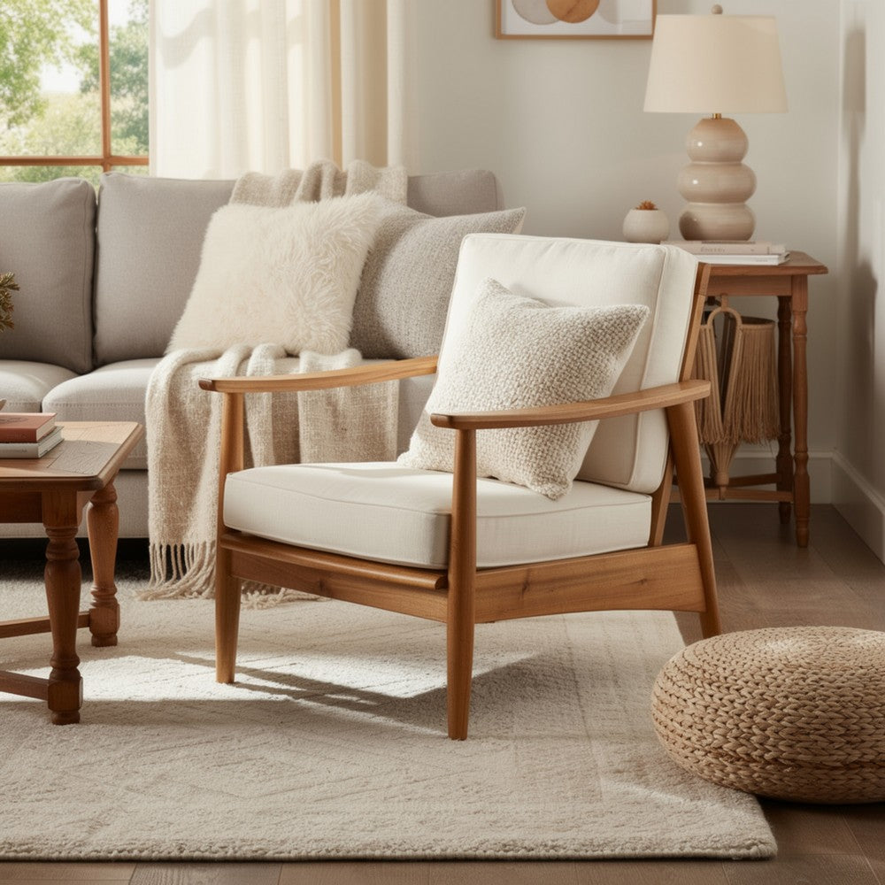 Benjara Accent Club Chair, Ivory Fabric Cushions, Brown Acacia Wood Frame