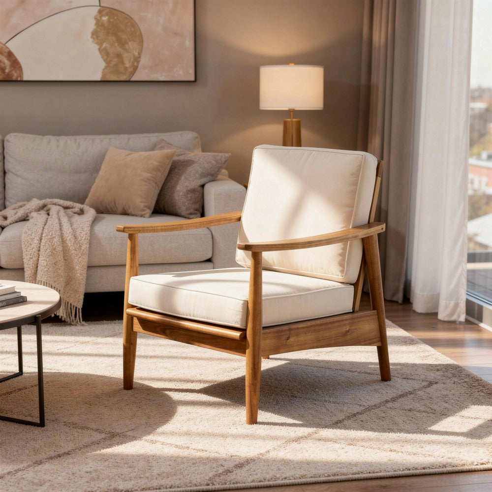 Benjara Accent Club Chair, Ivory Fabric Cushions, Brown Acacia Wood Frame
