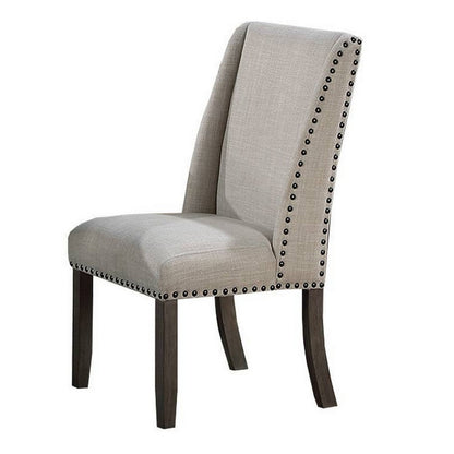 Benjara Alex Dining Side Chair Set of 2, Wingback, Nailhead Brown Wood, Beige