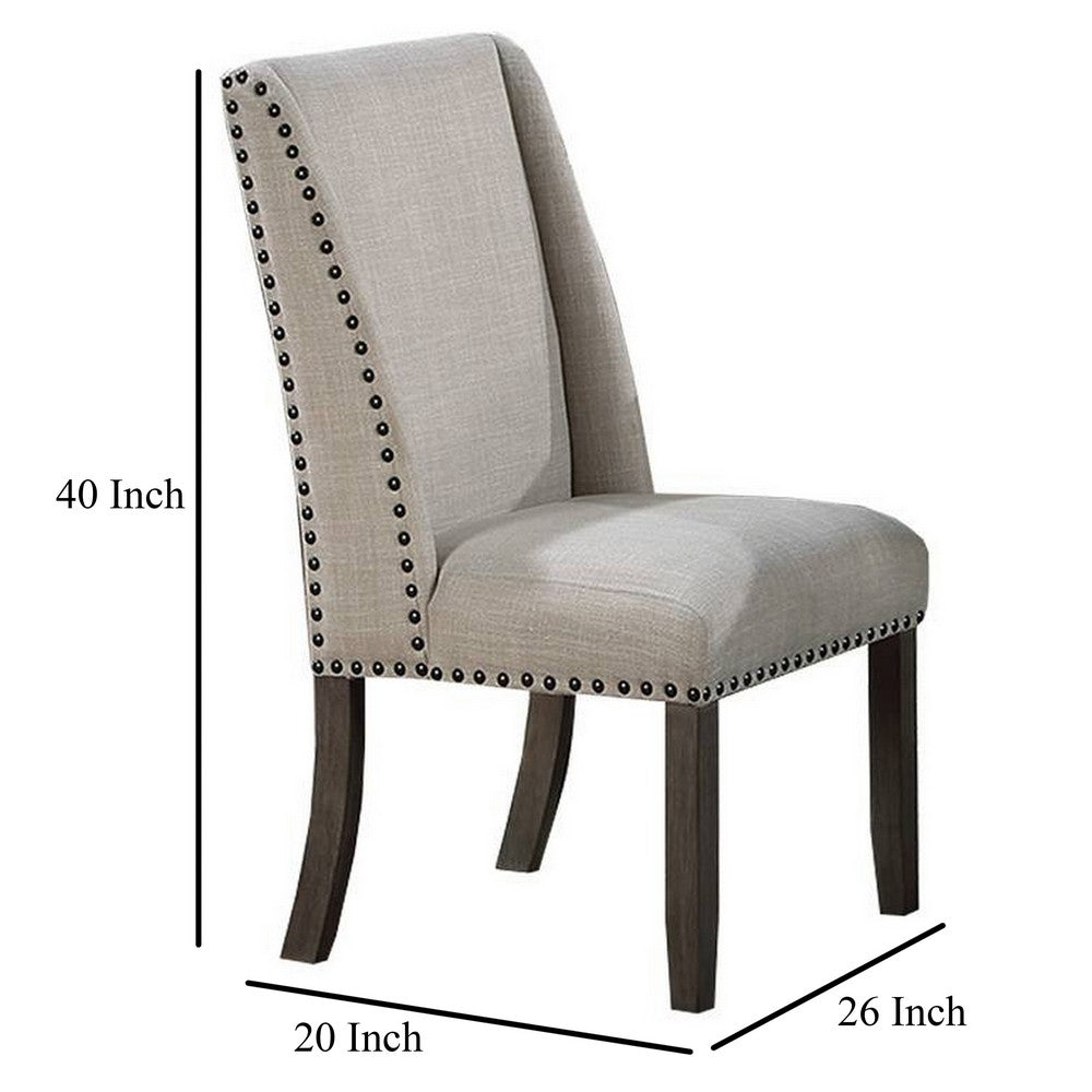 Benjara Alex Dining Side Chair Set of 2, Wingback, Nailhead Brown Wood, Beige