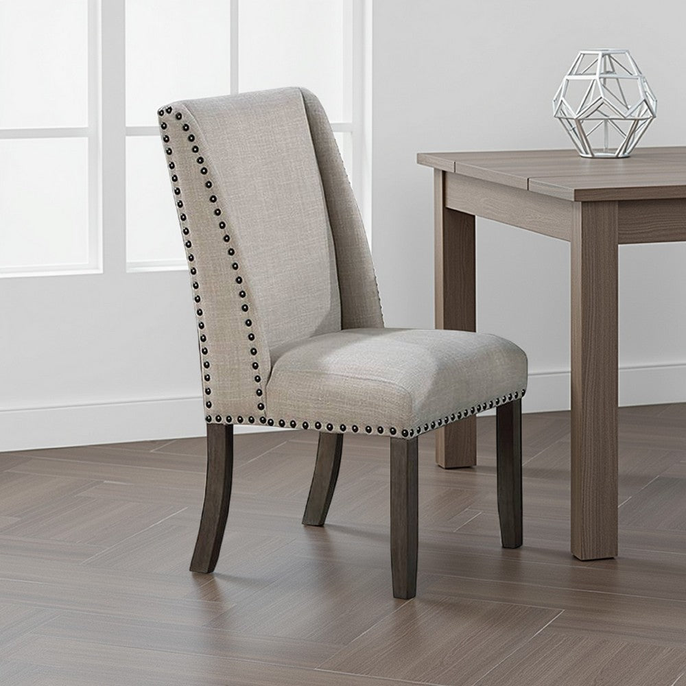 Benjara Alex Dining Side Chair Set of 2, Wingback, Nailhead Brown Wood, Beige