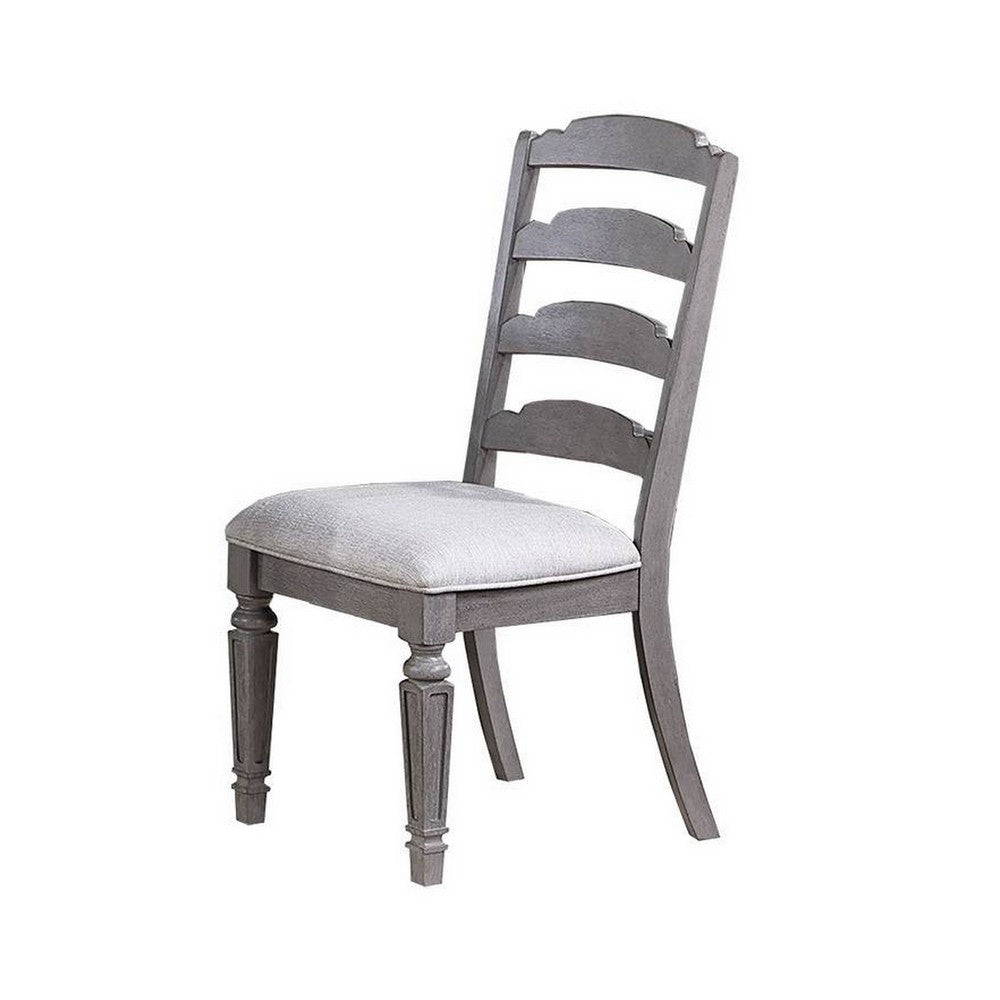Benjara Winie Dining Side Chair Set of 2, Carved, Ladder Back, Light Gray Wood