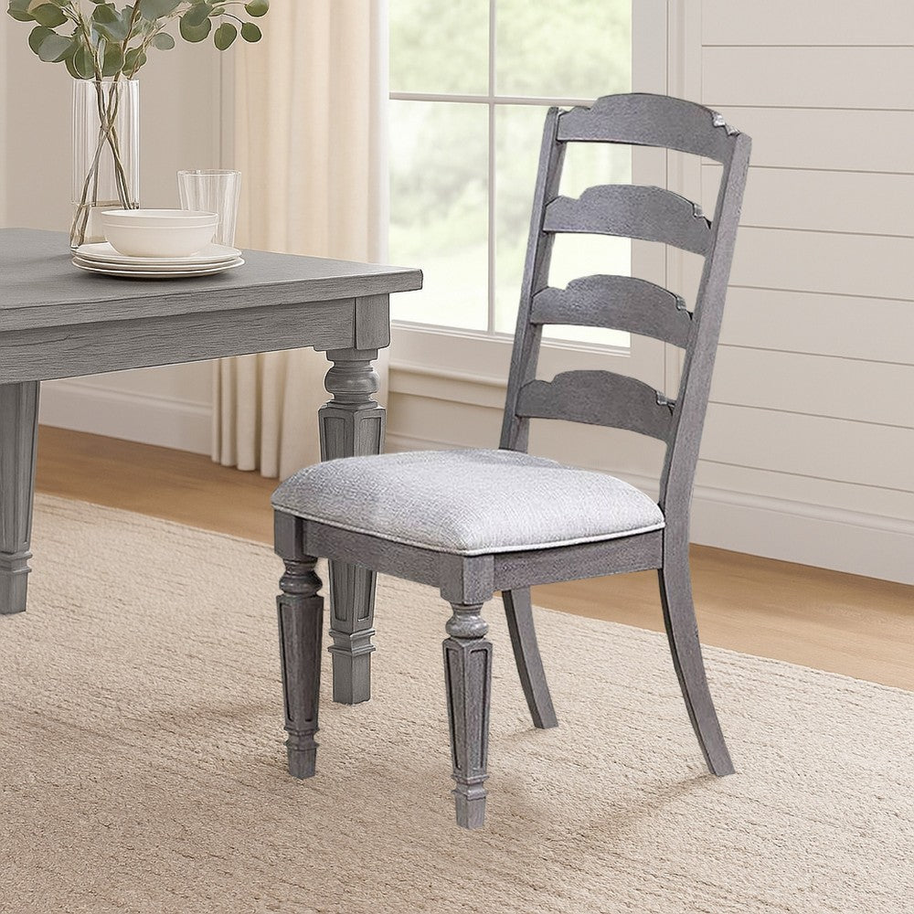 Benjara Winie Dining Side Chair Set of 2, Carved, Ladder Back, Light Gray Wood