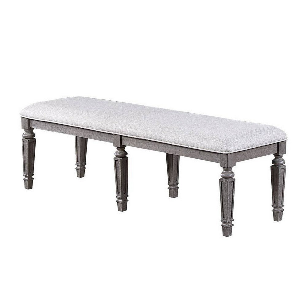 Benjara Winie Dining Bench with Turned Legs, 64 Inch Gray Wood And Fabric