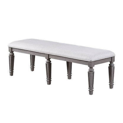 Benjara Winie Dining Bench with Turned Legs, 64 Inch Gray Wood And Fabric