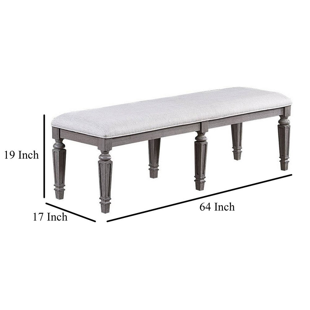 Benjara Winie Dining Bench with Turned Legs, 64 Inch Gray Wood And Fabric
