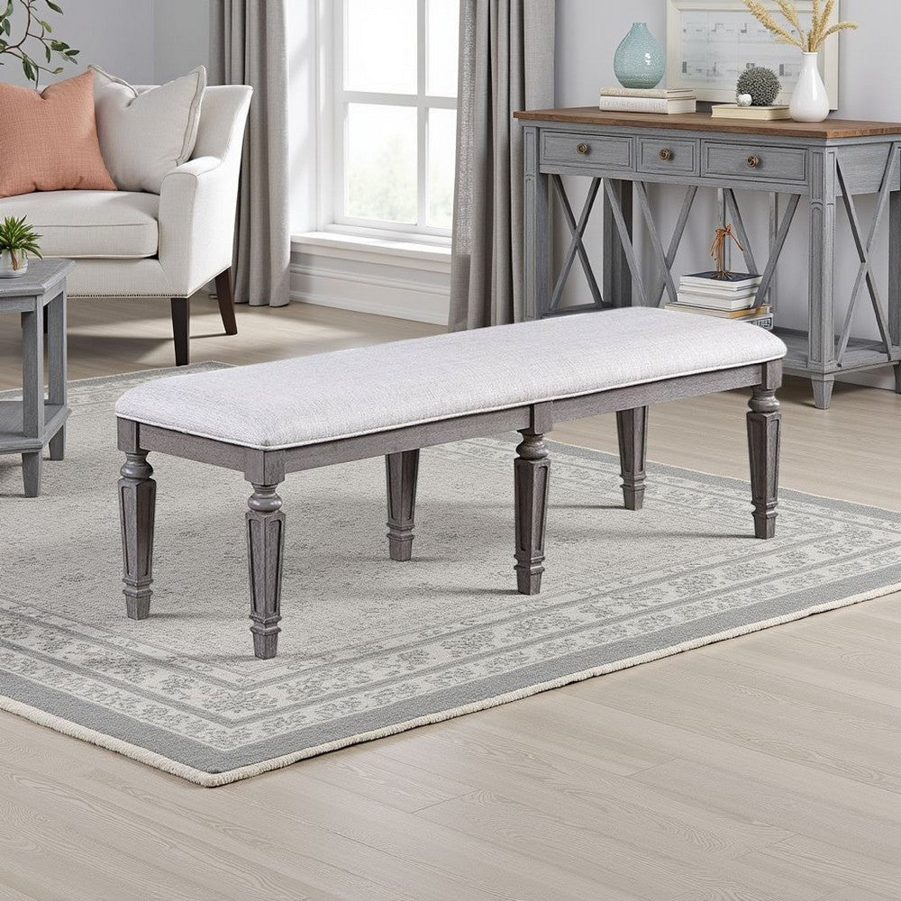 Benjara Winie Dining Bench with Turned Legs, 64 Inch Gray Wood And Fabric