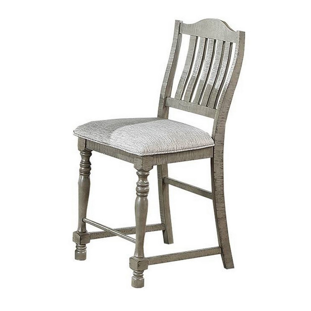 Benjara Rizi Counter Height Chair Set of 2, Carved Legs, Open Slats, Gray Wood