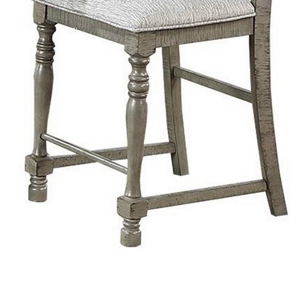 Benjara Rizi Counter Height Chair Set of 2, Carved Legs, Open Slats, Gray Wood