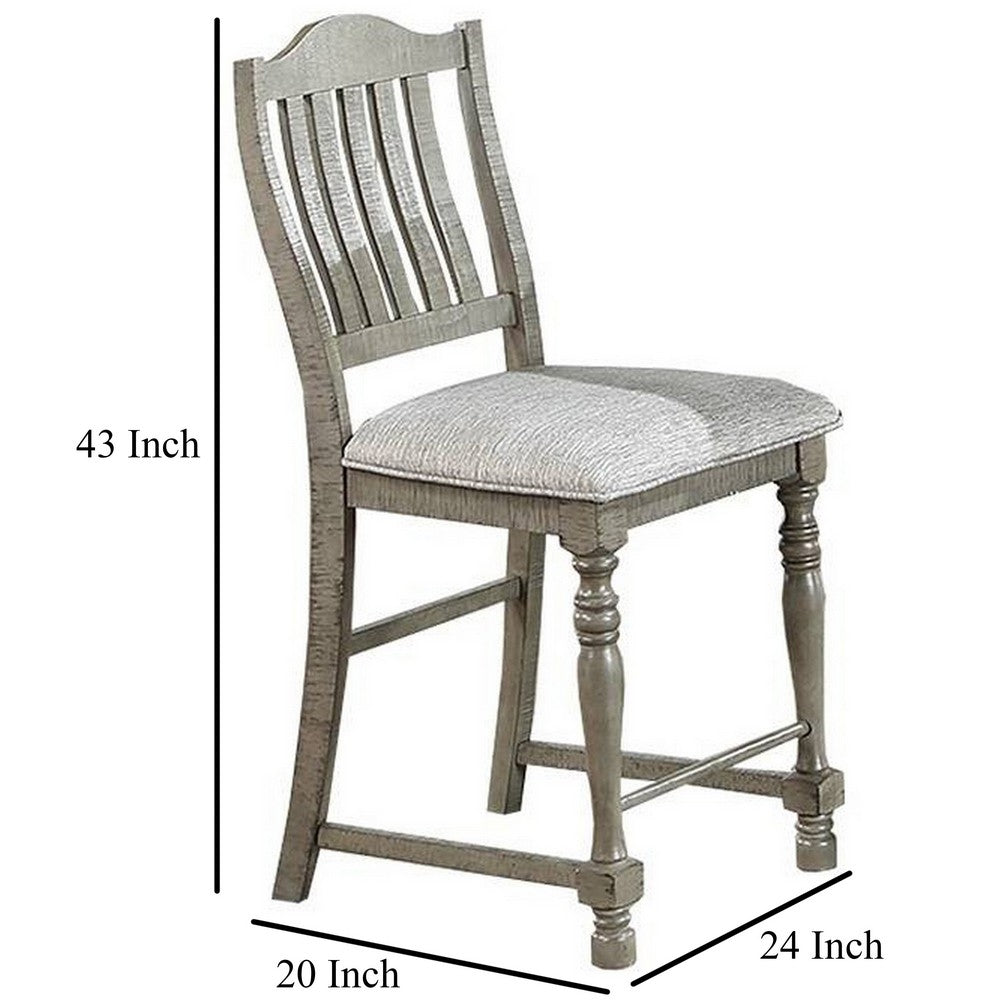 Benjara Rizi Counter Height Chair Set of 2, Carved Legs, Open Slats, Gray Wood