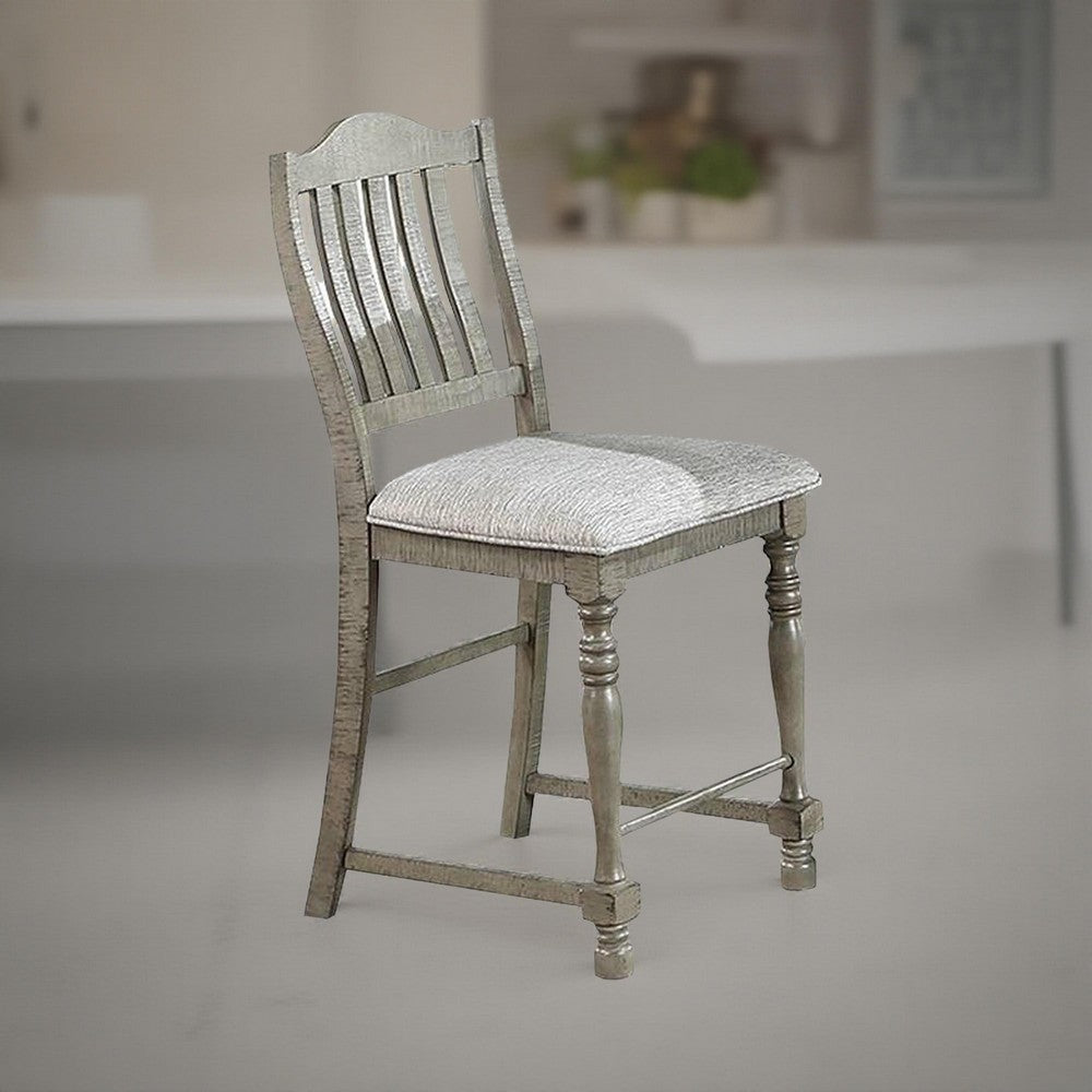 Benjara Rizi Counter Height Chair Set of 2, Carved Legs, Open Slats, Gray Wood