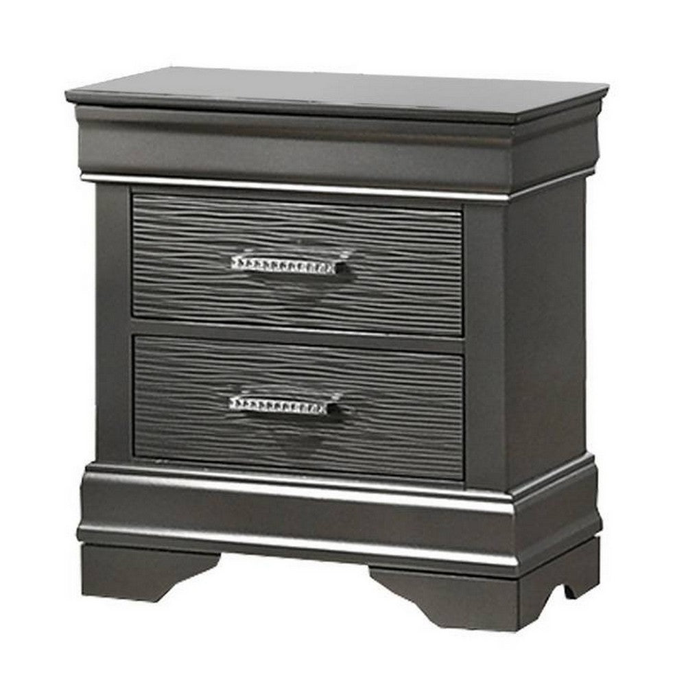 Benjara Jean Nightstand, 2 Drawers, Curved Frame, 24 Inch Dark Gray Solid Wood