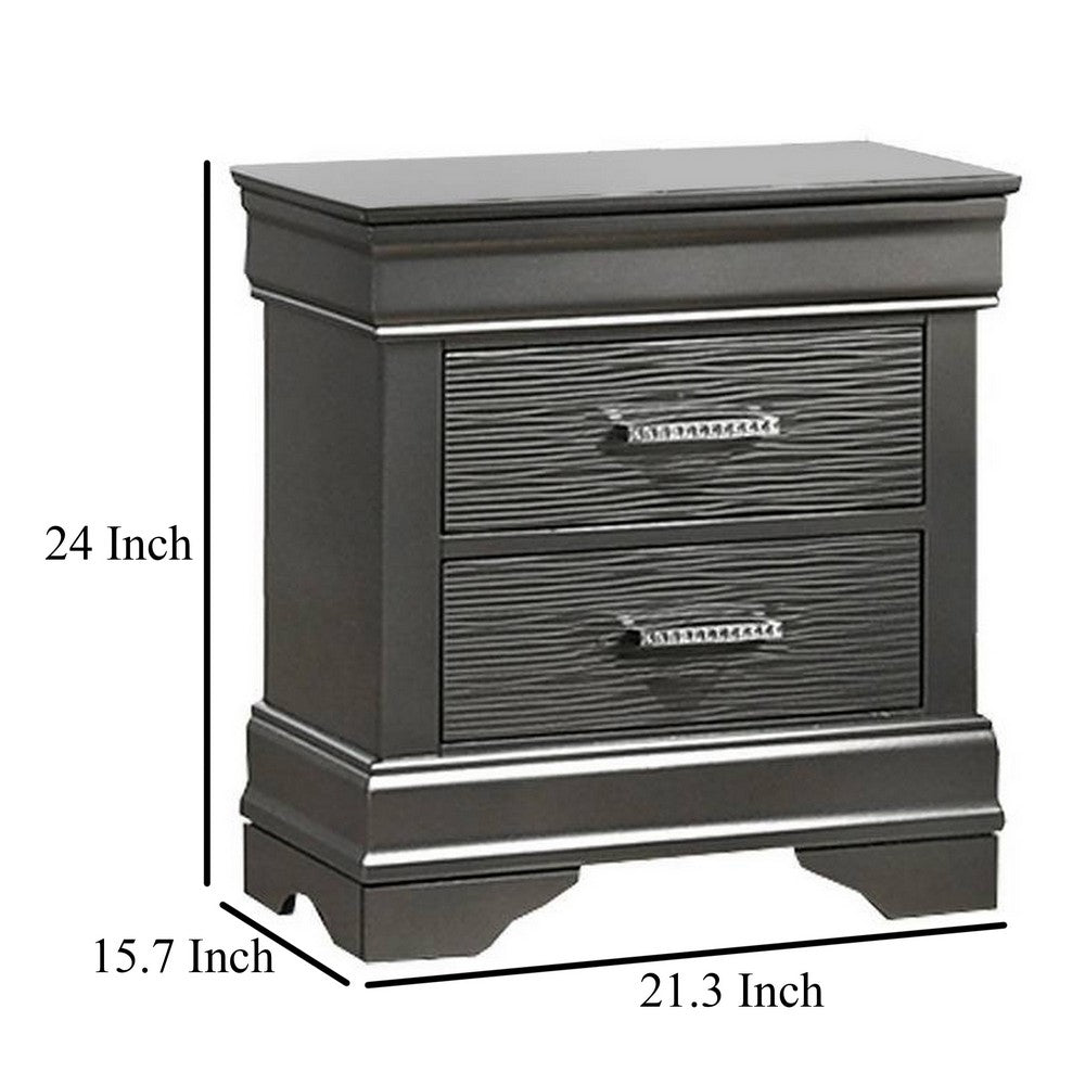 Benjara Jean Nightstand, 2 Drawers, Curved Frame, 24 Inch Dark Gray Solid Wood