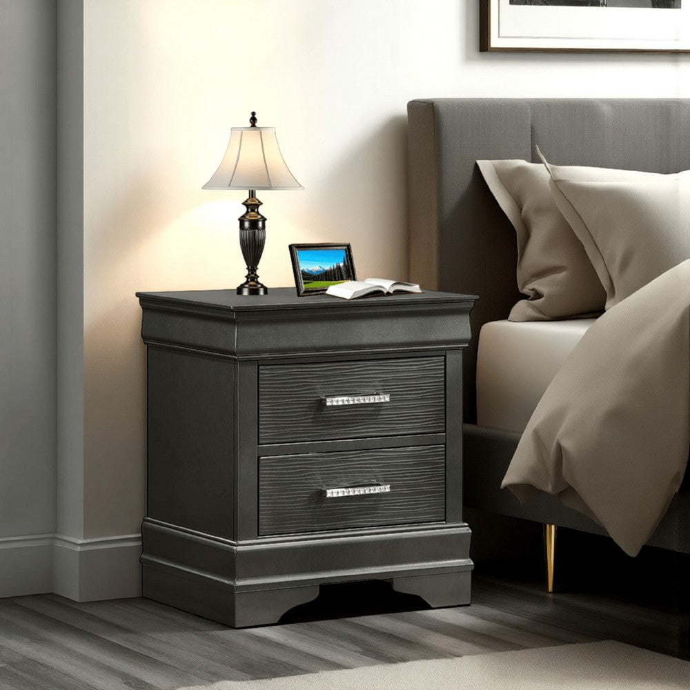 Benjara Jean Nightstand, 2 Drawers, Curved Frame, 24 Inch Dark Gray Solid Wood