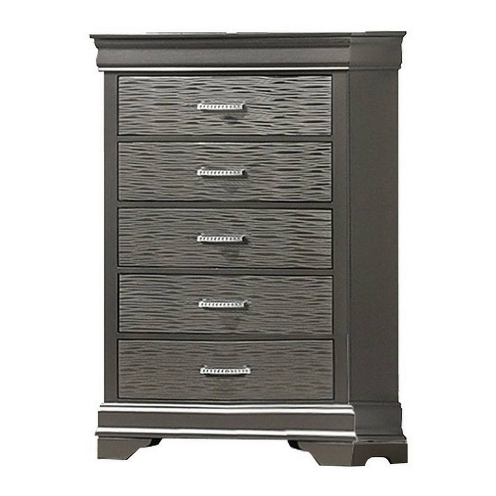 Benjara Jean Tall Dresser Chest, 5 Drawers, Chrome, Dark Gray Solid Wood