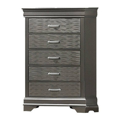 Benjara Jean Tall Dresser Chest, 5 Drawers, Chrome, Dark Gray Solid Wood