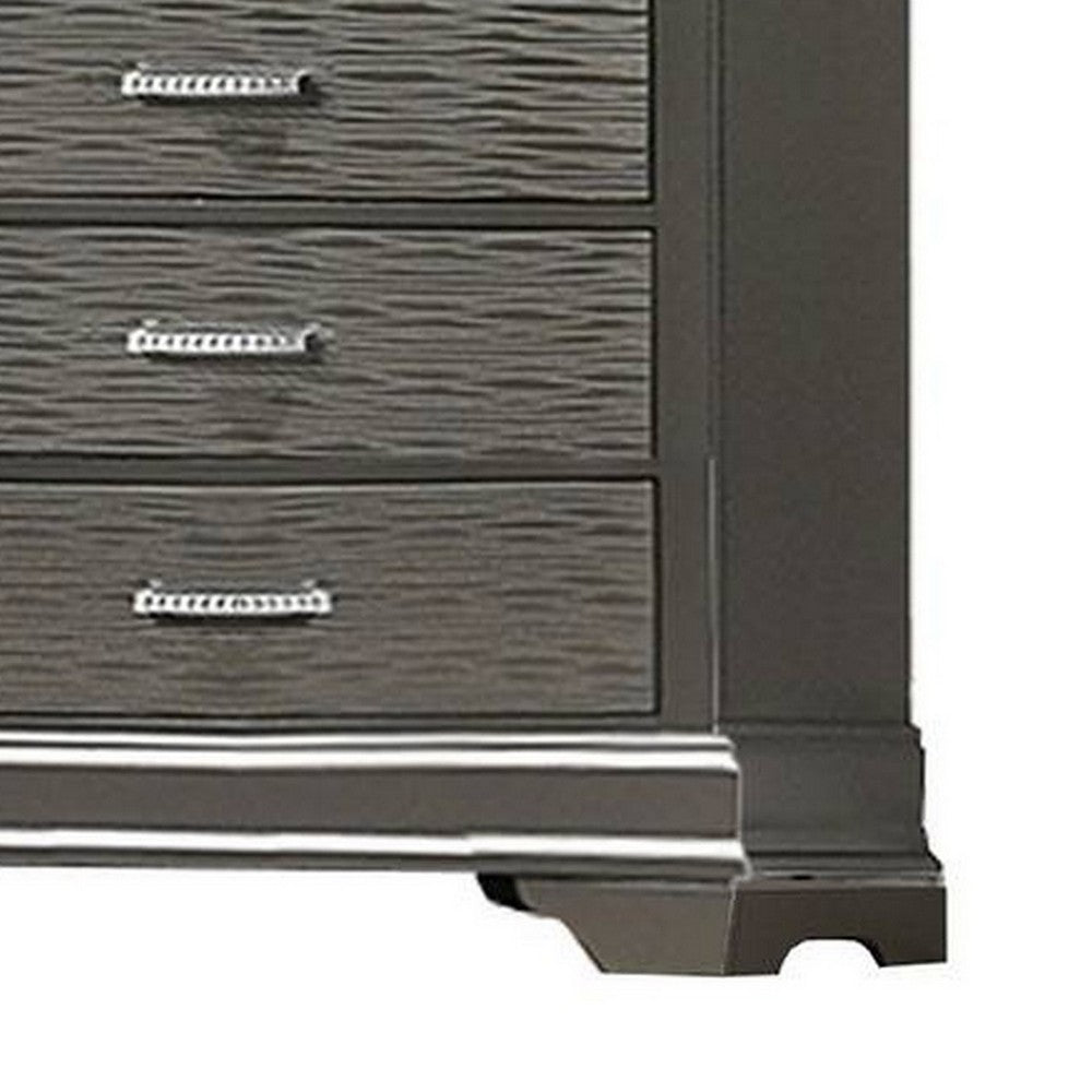 Benjara Jean Tall Dresser Chest, 5 Drawers, Chrome, Dark Gray Solid Wood