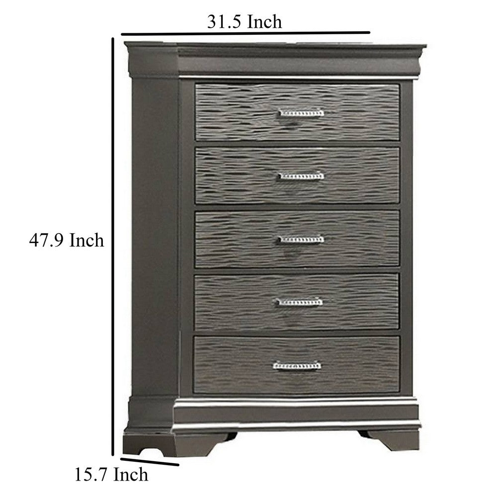Benjara Jean Tall Dresser Chest, 5 Drawers, Chrome, Dark Gray Solid Wood