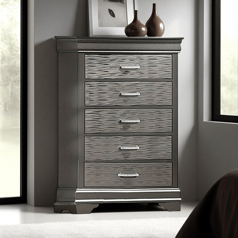 Benjara Jean Tall Dresser Chest, 5 Drawers, Chrome, Dark Gray Solid Wood