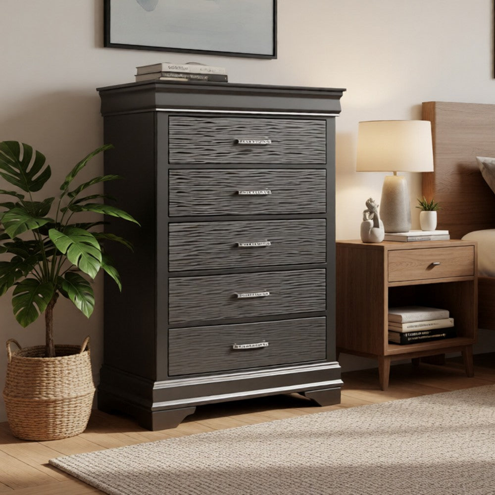 Benjara Jean Tall Dresser Chest, 5 Drawers, Chrome, Dark Gray Solid Wood